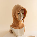 Women's Solid Color Drawstring Strap Scarf Integrated Simple Thermal Knitting Beanie Hat