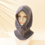 Women's Solid Color Drawstring Strap Scarf Integrated Simple Thermal Knitting Beanie Hat