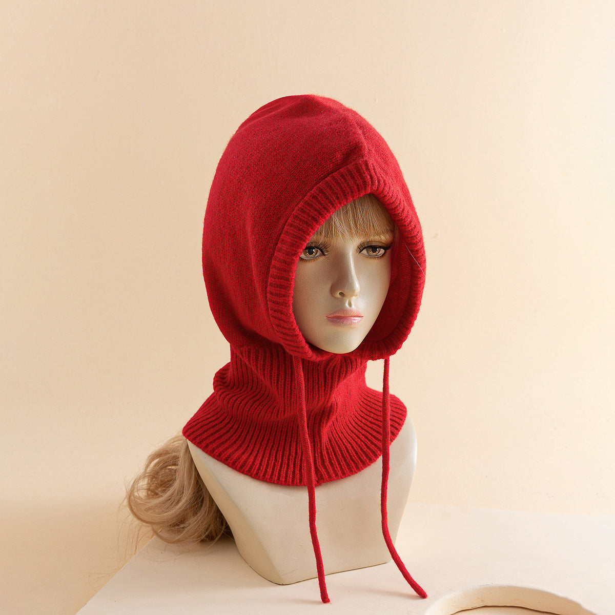 Women's Solid Color Drawstring Strap Scarf Integrated Simple Thermal Knitting Beanie Hat