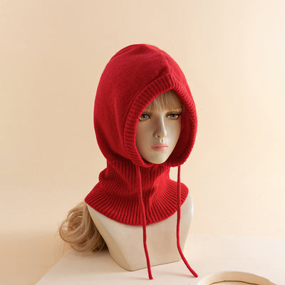 Women's Solid Color Drawstring Strap Scarf Integrated Simple Thermal Knitting Beanie Hat