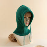 Women's Solid Color Drawstring Strap Scarf Integrated Simple Thermal Knitting Beanie Hat