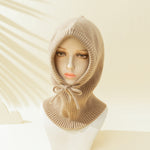 Women's Solid Color Drawstring Strap Scarf Integrated Simple Thermal Knitting Beanie Hat